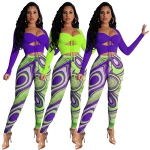 Women's 2 Piece Printed Long Sleeve Lace Up Top With Full Length Pants <b>Set</b> Breathable Skinny Fit Spring Summer Fashion - Product Image 6