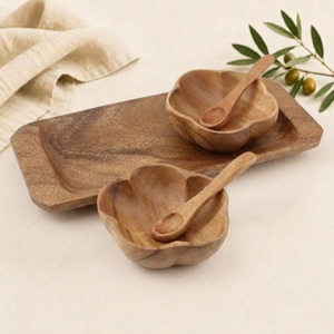 Premium Handcrafted Acacia Wood Serving Set Eco-Friendly Scallop Flower Shape Small Bowls with Rectangular <b>Tray</b> for Snacks Dips - Product Image 1