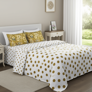 Gold Print Rajwada Luxe Cotton 3-Piece King Bed <b>Sheet</b> Set American Style Dot <b>Pattern</b> Includes <b>Fitted</b> Flat for Home Hotel Bedding - Product Image 2
