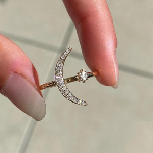 Bague ajustable en or massif avec diamant rond blanc cosmique, pavé de lunes et étoiles, cadeau d'anniversaire, bijoux fins, luxe premium pour femmes - Product Image 5
