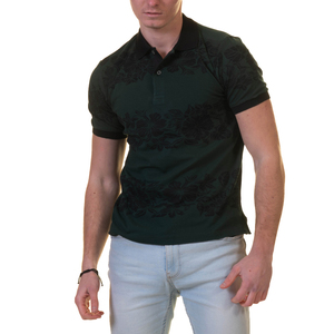 Camisa Polo de Manga Corta con Estampado Floral Verde Oscuro para Hombre, Informal, Transpirable, de Tela de Algodón, Corte Regular - Product Image 1