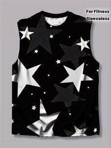 Men Sleeveless Tank Top Black White Star Print O-Neck Casual Plus Size Polyester Knitted Acid Wash Vintage Retro Style Tank top - Product Image 4