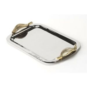 Plateau de service rectangulaire en acier inoxydable martelé de luxe avec poignées en forme de brindilles dorées - Plateau décoratif en métal pour hôtels et traiteurs - Product Image 4