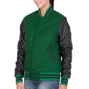 Veste universitaire verte de haute qualité pour femme avec manches en similicuir, col montant, manches longues, longueur standard, idéale pour l'automne (pour homme) - Product Image 1
