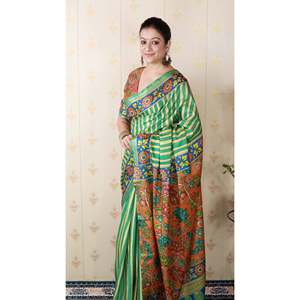 ชุดราตรีผ้าไหมทัสซาร์สีเขียวทะเลแบบนุ่มพิเศษ ลายทาง สำหรับงานปาร์ตี้ พร้อมลายปักดิ้นทอง - Product Image 5