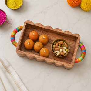 Premium Acacia Wood Decorative Serving <b>Tray</b> with Polyester Wrapped Handles | Handmade Snack Serving <b>Tray</b> for Home And Restaurant - Product Image 2