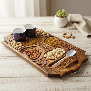 Hand Carved Wooden Dry Fruit <b>Tray</b> <b>Large</b> Rustic <b>Serving</b> Platter Festive Serveware - Product Image 2