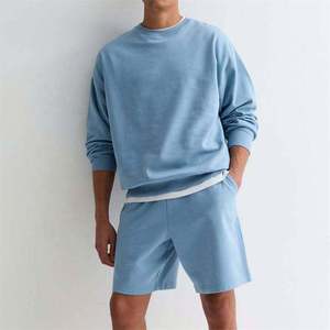 Conjunto de Sudadera y Pantalones Cortos para Hombre, Cuello Alto, Color Sólido, Talla Grande, Corte Regular, Informal, Jersey de Poliéster/Algodón, Manga Larga, Azul Claro - Product Image 5