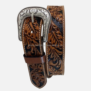 Venta al por mayor Unisex Vintage marrón occidental Floral grabado en relieve cinturón de cuero con hebilla de latón plata antigua clásica conjunto - Product Image 2