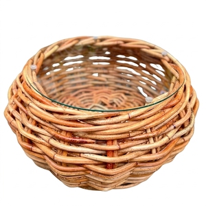 New Modern Minimalist Downes Round Coffee <b>Table</b> Natural Woven Rattan <b>Glass</b> Top Center Tea Accent <b>Table</b> Living Room Patio - Product Image 1