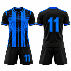 Conjunto de Uniforme de Fútbol Personalizado Azul y Negro, Cuello en V, Manga Corta, Impresión Sublimada, Secado Rápido, Uniforme de Equipo para Hombre Adulto - Product Image 1