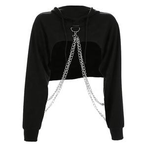 Tops cortos holgados con cadenas de hierro para mujer, Sudadera con capucha de manga larga para gimnasio - Product Image 5