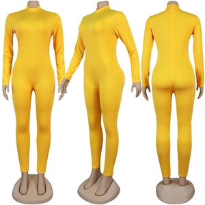 Combinaison pour femme jaune à col roulé, manches longues, taille haute, coupe ajustée, longueur intégrale, en spandex et polyester respirant, toutes saisons - Product Image 1