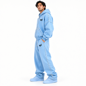 Wholesale Men's Embellished Cotton tracksuit Beaded Zip Up Hoodie Co/Ord Luxury <b>Stud</b> Streetwear Pastel Decoration OEM <b>Clothing</b> - Product Image 2