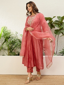 Women’s Chanderi A Line Kurta Pent Dupatta Sets with Embroidery Work - Product Image 1