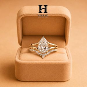 Trendy Teardrop Cut Wedding <b>Ring</b> <b>Set</b> 2-Piece Interlocking Tiara Crown Band 10K 14K Yellow <b>Gold</b> Custom Fine Jewelry - Product Image 3