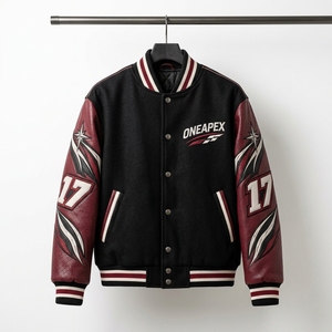 Veste bomber pour homme avec motif d'ailes d'ange noir et rouge personnalisé, manches en cuir, veste streetwear tendance ONEAPEX - Product Image 3
