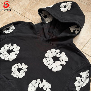 Sudadera con Capucha Negra Personalizada de Alta Calidad para Hombre con Estampado Floral Blanco, Sudadera con Capucha de Algodón y Felpa, Venta al Por Mayor OEM - Product Image 6