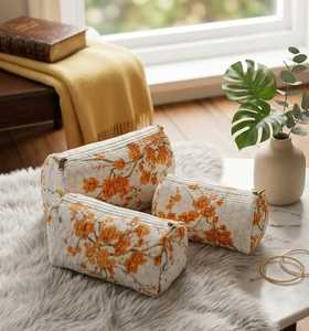Vintage Floral Cotton Cosmetic Bags Zipper <b>Pouch</b> Set <b>Water</b> Resistant Makeup Cases for Travel Toiletry Storage - Product Image 1