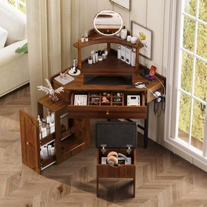 Corner <b>Makeup</b> <b>Vanity</b> Desk Set with Storage Cushioned Stool & Charging Station Triangle Removable Pull-out Side Cab - Product Image 1