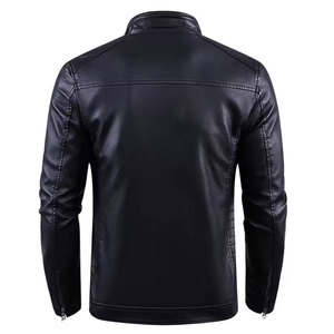 <b>Men's</b> Black PU Leather Moto Jacket Stand Collar Zipper Closure <b>Slim</b> <b>Fit</b> Autumn Wear Regular Sleeve Solid Color - Product Image 1