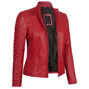 Women's Red Quilted Biker Leather <b>Jacket</b> A Slim-Fit Cafe Racer Style <b>Jacket</b> Crafted from Genuine Lambskin Leather - Product Image 5