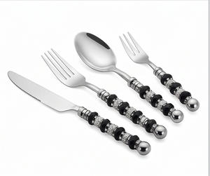 Ensemble de couverts élégants en acier inoxydable avec manches perlés noirs, compatibles lave-vaisselle, pour table de mariage, couverts plaqués argent - Product Image 1