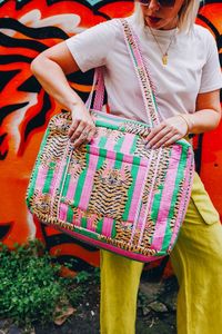 Sac fourre-tout décontracté bleu à carreaux avec appliqué léopard, en toile, bandoulière, grande capacité, sac de plage pour femme - Product Image 2
