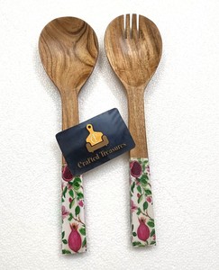 Juego de Servidores de Ensalada de Madera Natural Ecológica con Diseño de Granada, Utensilios de Cocina con Mango Largo - Product Image 1