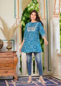 Blue Bandhej Printed <b>Kurti</b> Collection Anarkali <b>Kurti</b> And Cambric Slub Short <b>Kurti</b> Ethnic Women Clothing Stylish Daily Wear - Product Image 3