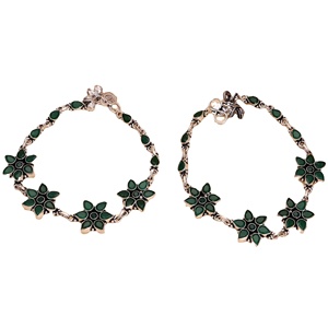 กำไลข้อเท้าทองเหลืองออกซิไดซ์ชุบเงินโบราณ ดีไซน์ดอกไม้สีเขียวแบบชาติพันธุ์ ประดับด้วยหินสีเขียวสังเคราะห์ เครื่องประดับแฟชั่นแบบดั้งเดิม - Product Image 2