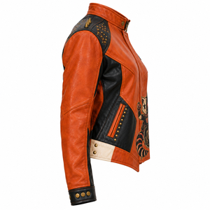 <b>Women</b> Orange Real Cowhide Leather Biker Jacket Printed Cat Black Panel Spiked Shoulder <b>Outerwear</b> Coat OEM ODM Custom Wholesale - Product Image 3