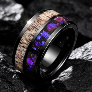 Anello in Carburo di Tungsteno con Intarsio Corno di Cervo e Galassia, Bordo Lucido, Fede Nuziale da Uomo, Vestibilità Confortevole, Gioiello per Fidanzamento e Promessa - Product Image 2