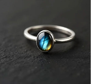 แหวนเงินแท้ชุบเงินประดับลาบราดอไรต์ทรงรีขนาดใหญ่ ดีไซน์วินเทจสไตล์โบโฮ พร้อมคุณสมบัติการบำบัด - Product Image 3
