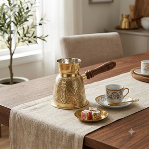 Cezve de Latón Macizo al por Mayor, Grabado a Mano con Diseño Floral, Cafetera Griega Briki para Estufa con Mango de Madera, OEM - Product Image 4