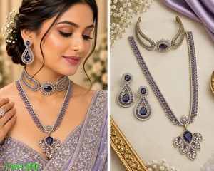 Ensemble de colliers élégants en pierre AD double couche, comprenant un collier ras-du-cou et un long collier en diamant américain brillant, avec boucles d'oreilles pendantes assorties, vente en gros - Product Image 6