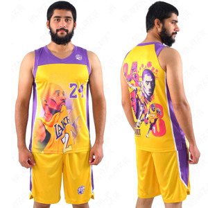 ชุดเสื้อบาสเก็ตบอล Lakers แบบสั่งทำพิเศษ คุณภาพสูง ระบายอากาศได้ดี ป้องกันรังสียูวี แห้งเร็ว ผลิตจากโพลีเอสเตอร์ 100% ยี่ห้อ BLAZE FIGHT WEAR พร้อมกางเกงขาสั้นไซส์ใหญ่ - Product Image 1