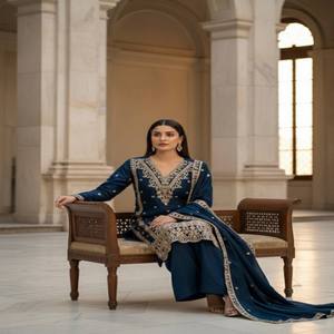 Conjunto de Pantalón y Top Estampado Chinon de Diseñador VASTRA COTTAGE con Bordado de Lentejuelas y Dupatta de Encaje, Traje de Fiesta con Microforro - Product Image 2