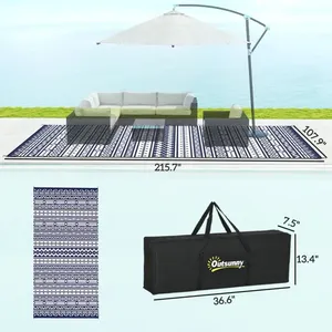 Tappeto da esterno reversibile impermeabile blu e bianco disegno geometrico da parete 9 'X 18' con borsa per il trasporto in paglia di plastica - Product Image 4