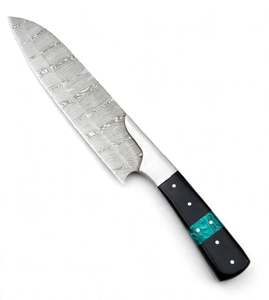 Couteau de cuisine fixe artisanal en acier Damas, outil de découpe utilitaire pour chef, manche en résine turquoise G10 noir - Product Image 1