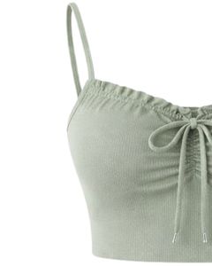 Sage Green Women Camisole And Shorts Set Summer Two Piece Outfit Cotton Blend Crop <b>Top</b> Ruched Tie Front Drawstring Shorts Casual - Product Image 4