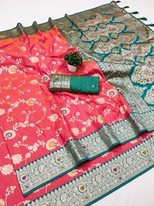 <b>Orange</b> Silk <b>Saree</b> With Green Border Traditional Indian Wedding Wear Floor Length Regular Fit Women's All Seasons - Product Image 2