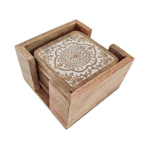 Handcrafted Mango Wood <b>Coaster</b> Set with Holder, Natural <b>White</b> Wash Finish, Decorative Rustic Kitchen Table Accessories <b>Coasters</b> - Product Image 2
