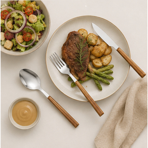 Ensemble de couverts en acier inoxydable avec manche en bois naturel, finition miroir, ensemble de couverts de luxe pour hôtel, restaurant et repas à domicile - Product Image 4