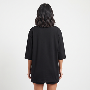 Breathable Women's Oversized Cotton V Neck Long Sleeve Solid Black Color Shirt <b>Drop</b> Shoulder Casual Solid Color Custom Logo - Product Image 2