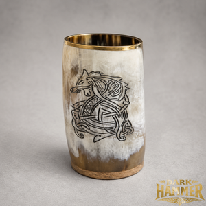 Handcrafted Viking <b>Dragon</b> Engraved Buffalo Horn Glass with Brass Rim Handmade Natural Horn Drinking Glass Medieval Norse - Product Image 1