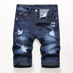 <b>mens</b> dark indigo blue distressed denim shorts golden yellow topstitching vintage ripped details custom logo casual summer - Product Image 1