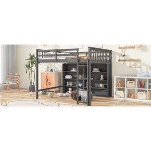 Letto a soppalco grigio a grandezza naturale con 8 ripiani aperti e scaletta integrata per bambini - Product Image 5