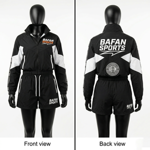 Women Windbreaker Short Set Premium 120 GSM Lightweight Polyester Fabric Black <b>White</b> Panel Design Custom Screen Print Logo - Product Image 1