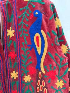 <b>Vintage</b> Burgundy Velvet Floral Embroidered Suzani Jacket with Peacock Pattern Full Sleeve <b>Stand</b> Collar Handmade Boho Autumn <b>Coat</b> - Product Image 3